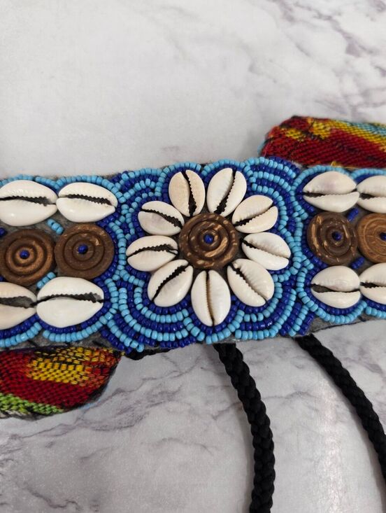 Boho Daisy Cowrie Sea Shell Beaded Embellished Woven Belt BlueWhite